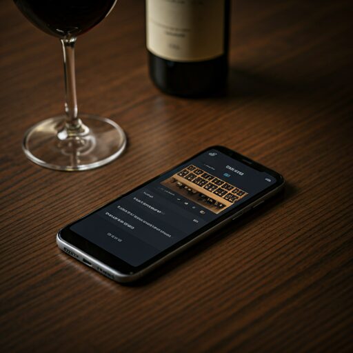 Application de coffre à vin numérique sur smartphone posé sur du bois sombre à côté d’un verre de vin