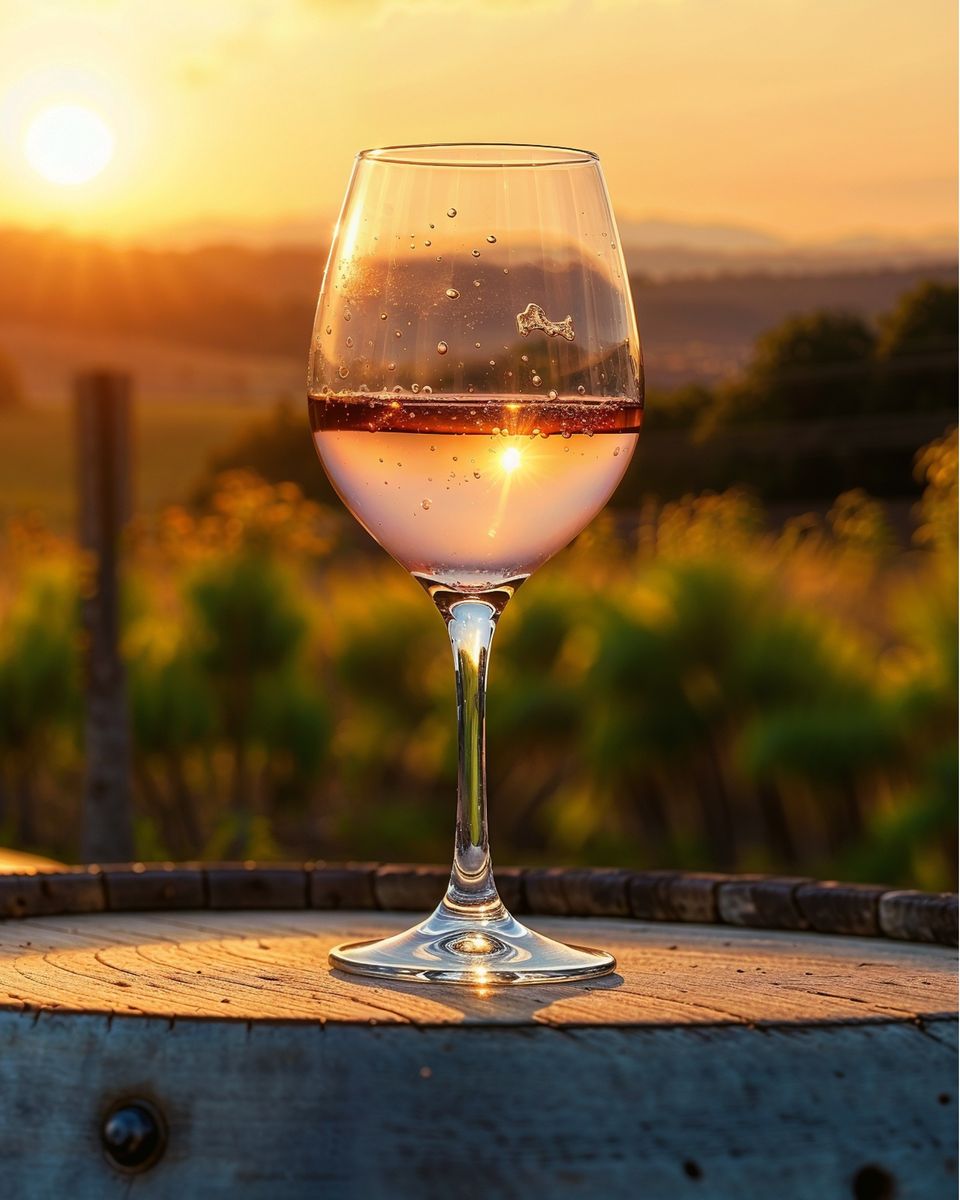Un verre de vin posé sur un tonneau, au coucher du soleil au-dessus du vignoble