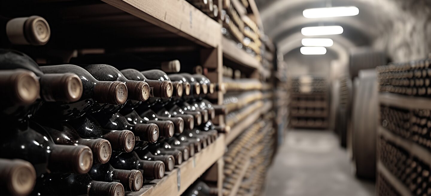 Une cave à vin voûtée dans la pénombre : des bouteilles poussiéreuses reposent en rangées sur des casiers en bois, avec un couloir de cave éclairé en arrière-plan.